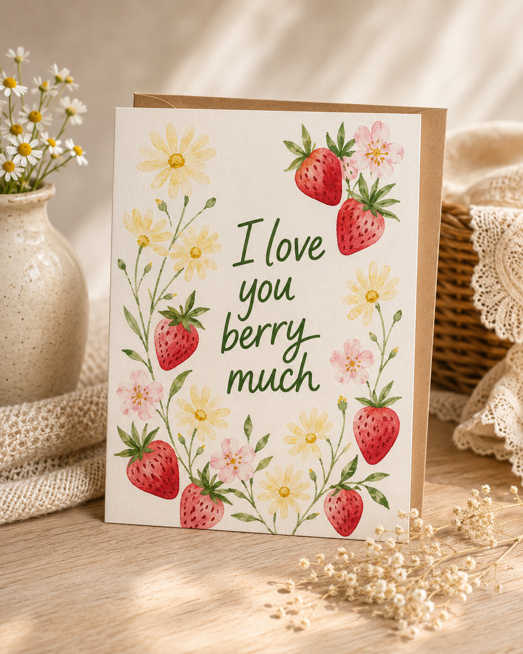 I Love You Berry Much | Handmade Strawberry & Wildflower Greeting Card