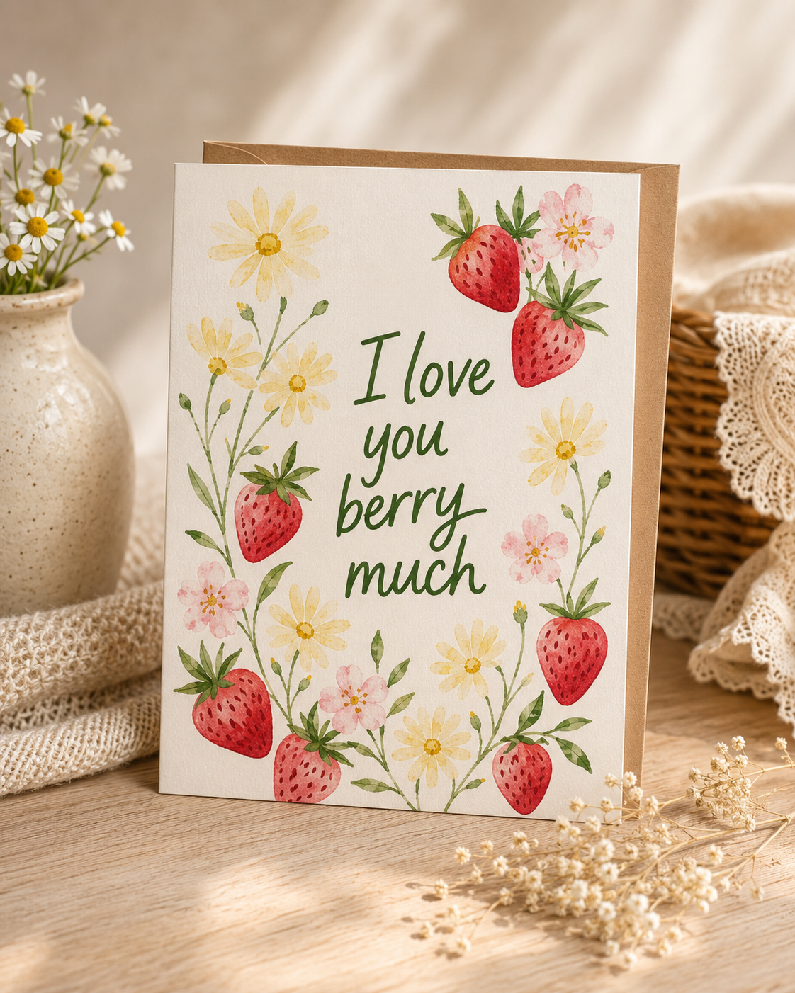 I Love You Berry Much | Handmade Strawberry & Wildflower Greeting Card