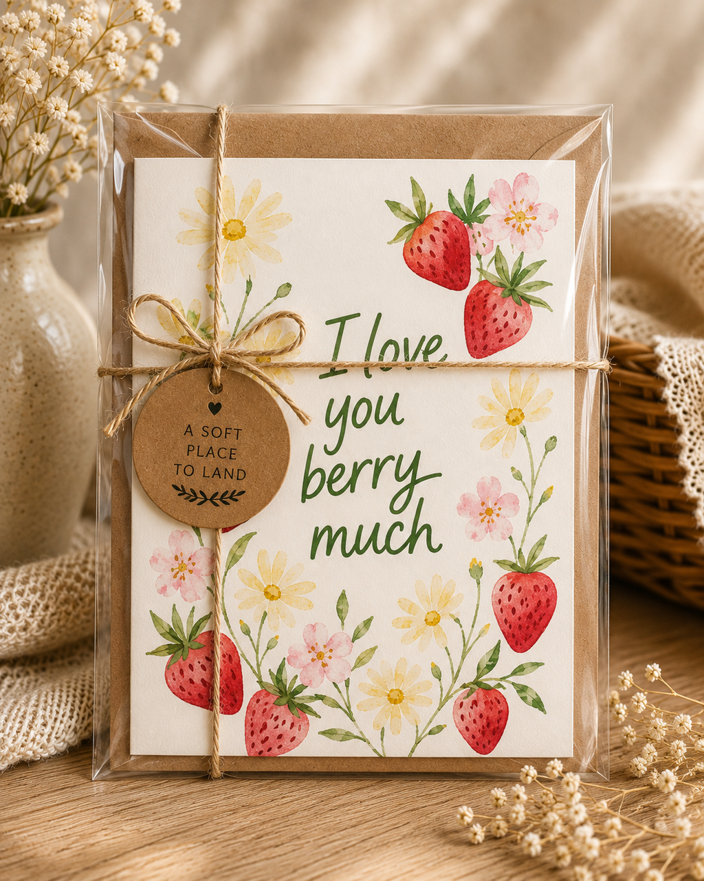 I Love You Berry Much | Handmade Strawberry & Wildflower Greeting Card